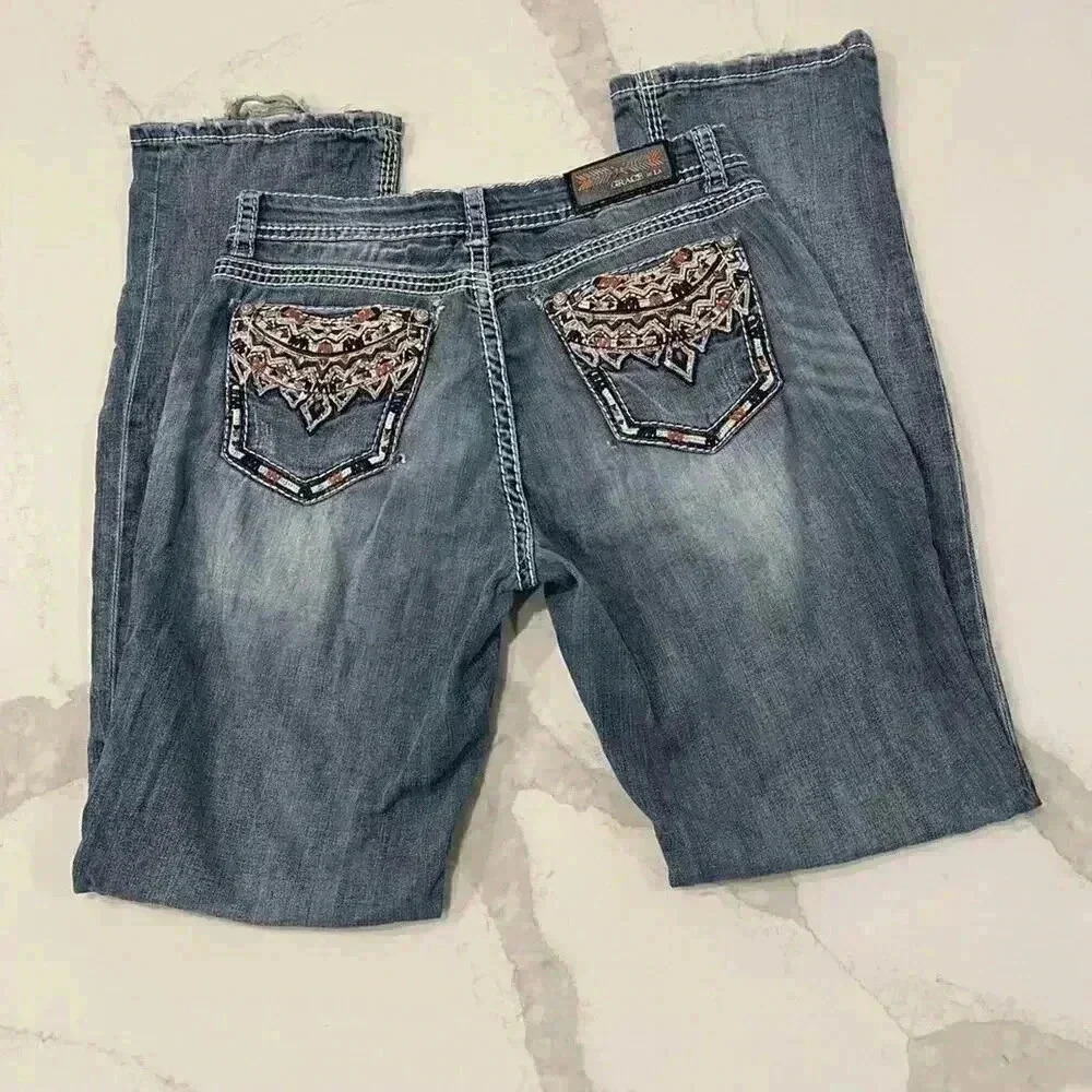 Grace in LA Bootcut Jeans Western Embroidered Rhinestone Distressed Women's 29 - Picture 7 of 10